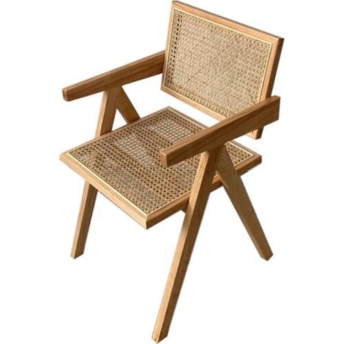 Rattan Dining Chair Nordic Solid Wood Household Retro Back Chair Designer balcony armrest leisure chair Home furinture
