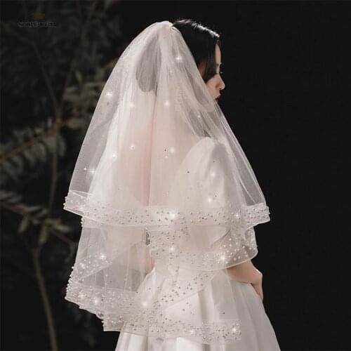Beaded Wedding Veils White Waist Length Pearls Bride Veil Mesh Tulle Veils for Elegant Woman Formal Wedding Accessories 2021
