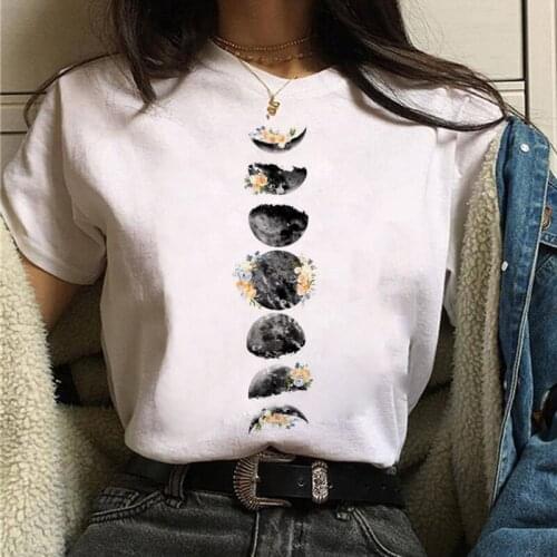 Summer New Fashion Short Sleeve Women T-shirt Flowers Moon Graphic Printed Unisex Tshirts Ladies Girls Harajuku Casual Tops Tee