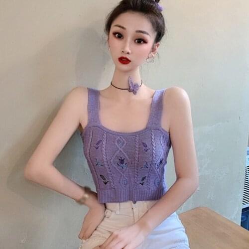 Women Floral Embroidery Tank Tops Knitted Camisole Spaghetti Strap Short Camis Ladies Sling Crop Tops