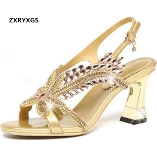 2020 New Summer Fashion Sandals Rhinestone Shoes Genuine Leather Shoes Woman High-heel Sandals with Sexy Open Toe Women Sandals