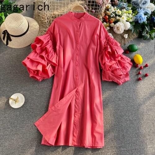 Gagarich Women Midi Dress Autumn Retro Puff Sleeve Dresses Loose Long-Sleeved Elegant Candy Color Pregnant Ladies Vestidos