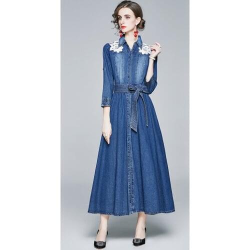 ZUOMAN Women Spring & Autumn Elegant Denim Dress Festa High Quality Long Party Robe Femme Vintage Designer Blue Vestidos