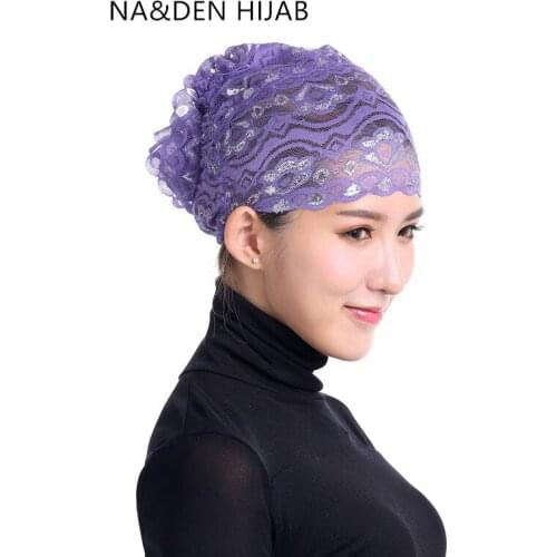 1PC Arab beanies Head cover Muslim headscarf Lace floral stretch turban Islam cap Women Inner hat Under hijab Shiny inner Cap