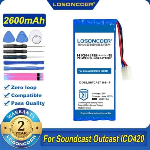 100% Original LOSONCOER 2600mAh ICOB2,OUTCAST 20S-1P Battery for Soundcast Outcast ICO420, Outcast ICO421 Battery