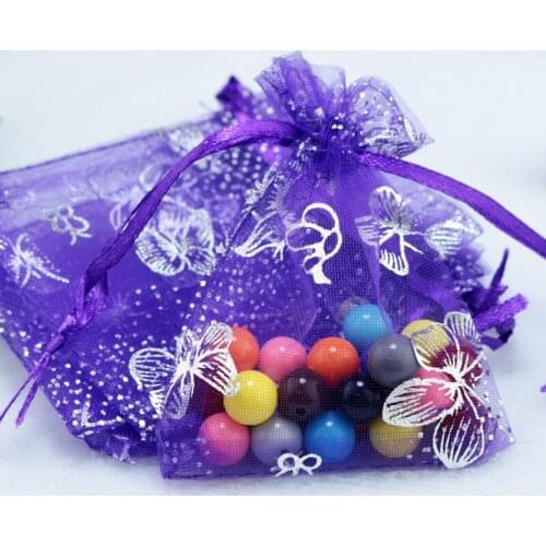 100pcs 9x12cm Deep Purple Butterfly color Drawable Organza Bags Wedding Christmas Gift Bag Jewelry Packaging Bags Pouches