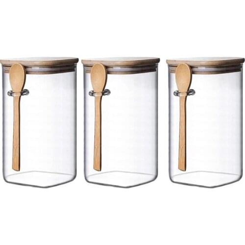 3Pcs Clear Square Glass Storage Jar with Bamboo Lids with Bamboo Spoons - Airtight Food Jars - Glass Kitchen Containers
