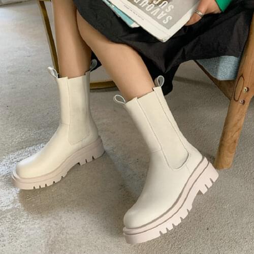 Luxury brand round toe platform ankle boots for woman slip-on chunky heels winter warm fleece chelsea boots women big size 43