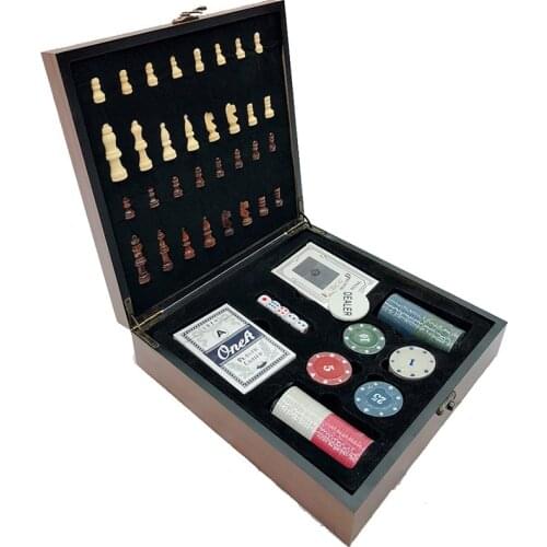 Wooden Chess Pieces Board Poker Set Chips Dices Family Friends Entertainment Krahn Tray