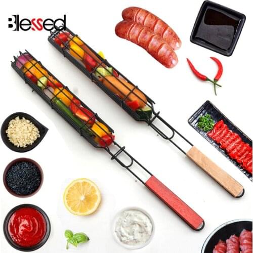 2pcs Portable Kabob BBQ Grilling Basket Reusable Stainless Steel Nonstick Barbecue Grill Basket Tools Mesh Kitchen Tools
