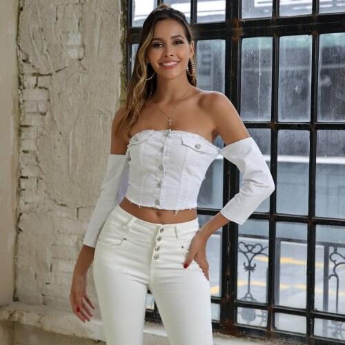 Europe And America Cross Border Cowboy WOMENS Dress Washing Water Cowboy Tube Top Street Snap Long-sleeved Upper Garment