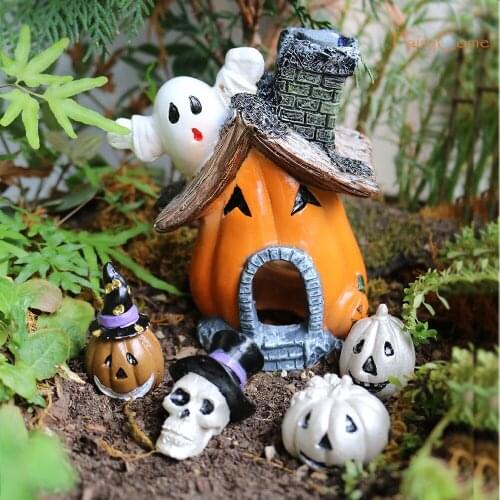 Halloween Mini Pumpkin House Miniature Set Ghost Skull Figures Fairy Garden Decor Fish Tank Aquarium Decoration Resin Ornaments