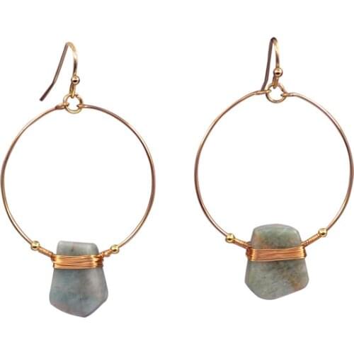 Fashion Gold Plating Handmade Round Copper Wire Natural Green Amazonite Stone Drop Earrings 2021