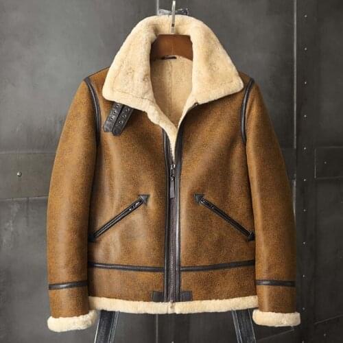 Mens B3 Shearling Jacket Natural Sheepskin Coat Motorcycle Fur Coat Brown Leather Jacket Short Mens Winter Coats
