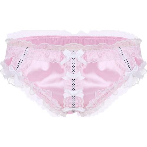 Mens Lingerie Underwear Low Rise Bowknot Stretchy Bikini Panties Soft Floral Lace Shiny Ruffled Satin Briefs Sissy Underpants