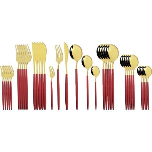 Dinnerware Set 36Pcs Red Gold Cutlery Set Colorful Flatware Stainless Steel Silverware Gold Tableware Knife Spoon Fruit Fork Set