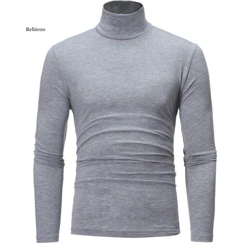 New Mens Solid Color Turtleneck t Shirts Male Slim Fit Long Sleeve t Shirts Black White Men Tshirt Tops M-3Xl