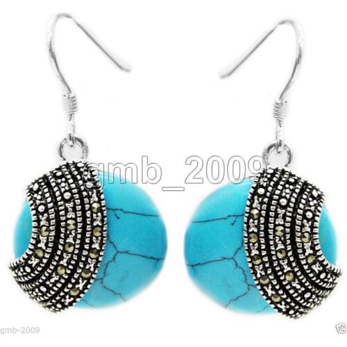 Wholesale good handmade 925 Sterling 18*18mm Coin Blue Turquosers stone Beads Marcasite Earrings