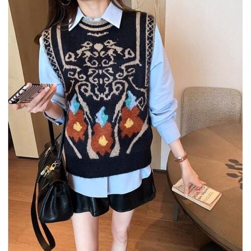 2021 Autumn Winter New Knitted Vest Womens Retro Loose Vest Top With Round Neck Girls' Casual Shoulder Student Outdoor Black