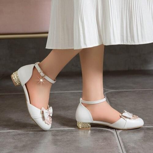 YQBTDL Bowtie Low Heel Pumps Womens Fashion Square Heels Buckle Straps Nice Stitching Sweet Kawaii Princess Lolita Shoes Size 43