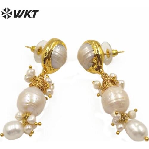 MPE021 Amazing natural freshwater pearl beads long earrings fashion gold electroplated handmake charming women earrings