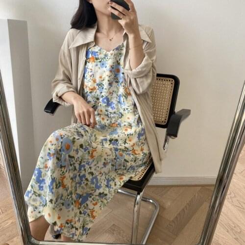 Sherhure 2020 Sleeveless Summer Long Elegant Sexy Flower Print Boho Women Casual V-Neck Chiffon Dress Vestidos