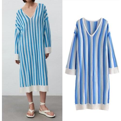 LPNVVS Women Fashion Knitting Striped Long Shirt Midi Dress Vintage Casual V-Neck Full Sleeves Vents Female Vestido Mujer PL265