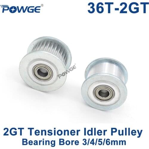 POWGE 36 Teeth 2GT Idler Timing Pulley synchronous Wheel Bore 3/4/5/6mm with Bearing for Width 6/10MM GT2 Open belt 36T 36Teeth