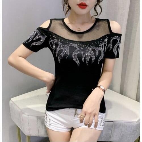 2021Fashion Diamond Net yarn T-Shirt Ladies O-Neck summer Tops T-Shirts Women Large size Short sleeve