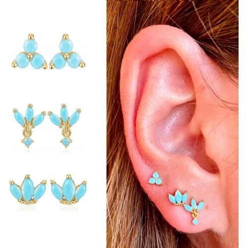 925 Sterling Silver Earring Minimalist Bohemia Turquoise Clover Crown Zircon Piercing Stud Earrings For Women Girl Jewelry
