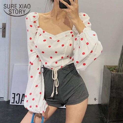 Retro Palace Style Polka Dot Square Collar Wrapped Bubble Sleeve Shirt Elegant Short Top Blouse Sexy Chic Female Shirts 13314