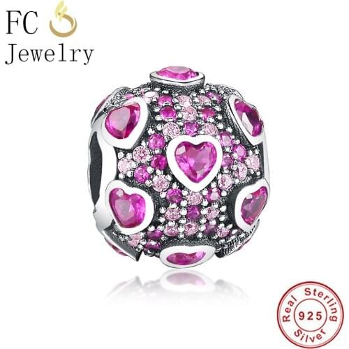 FC Jewelry Fit Original Brand Charm Bracelet 925 Silver Micro Pave Purple Color Zirconia Heart Stone Bead Making Berloque DIY