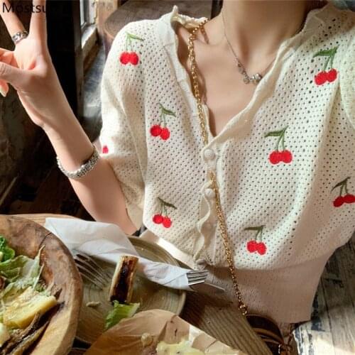 Summer Sweet Knitted Tops Women Elegant Embroidery Cherry Cardigan V-neck Short Sleeve Korean Cardigan Coat 2021