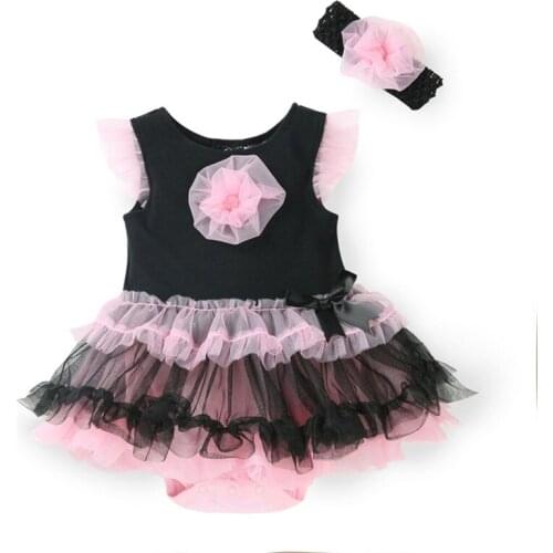 Newborn Lace Tutu Bodysuit Dress Cotton Summer Infant Ballet Ruffle Dress Headband 2 Pcs Baby Girl short Sleeve Lace Dress
