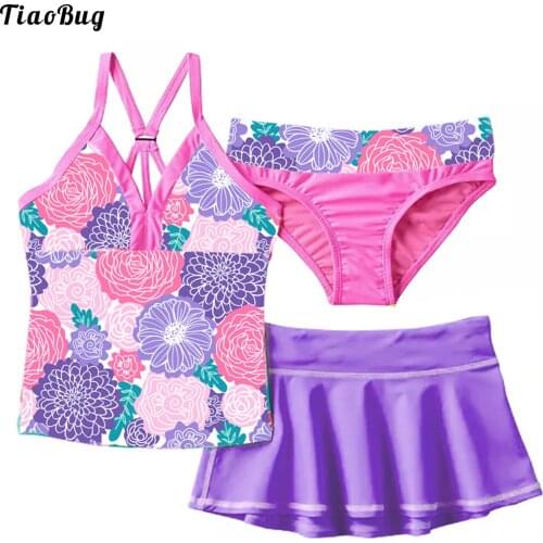 TiaoBug Summer 3Pcs Kid Girls Floral Print Swimsuit V Neck Straps Sleeveless Top With Skirt And Briefs Set Beach Pool Swimwear