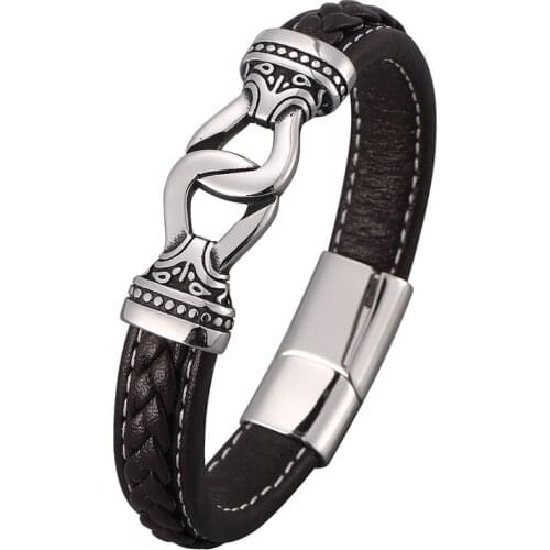 Fashion Brown Leather Bracelets Bangles Men Jewelry Vintage Stainless Steel Magnetic Buckle Punk Male Wristband Gift PD0816