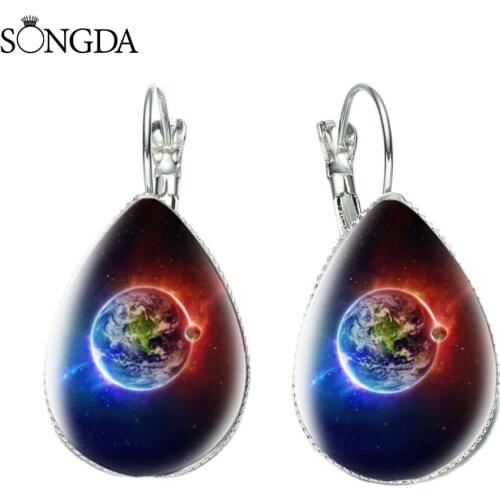 Fashion Galaxy Nebula Charm Teardrop Hook Earrings Men Women Jewelry Astronomy Nebula Print Glass Time Gem Gift Accessories
