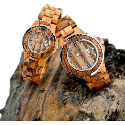 BEWELL stainless steel Mens Sandal Wooden Watches Handmade Date Display Analog Quartz Vintage Round Wood Case couple Watch