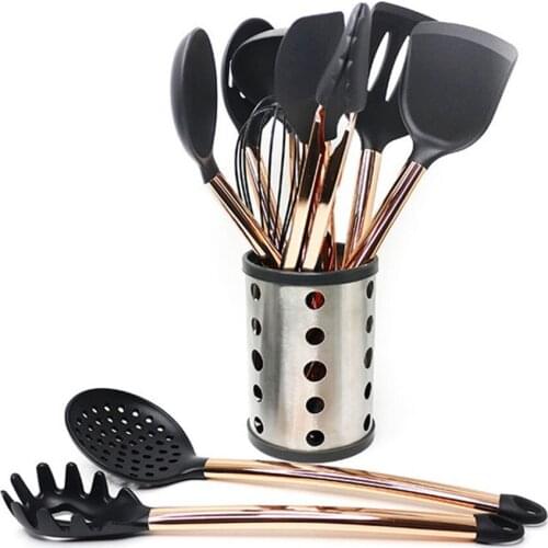 10pcs Silicone Cooking Utensils Set Non-stick Spatula Shovel Pasta Server Cooking Tools Kitchen Tools Gadgets Rose Gold Handle