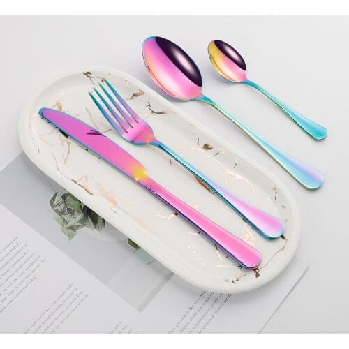 4Pcs Glossy Rainbow Stainless Steel Cutlery Tableware Set Dinnerware Flatware Set Forks Knives Tea Spoons Set Wedding Silverware