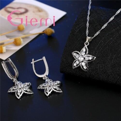Beautiful Flower 925 Sterling Silver Pendant Necklaces Earrings Set Cubic Zirconia For Women Wedding Bridal Jewelry Sets
