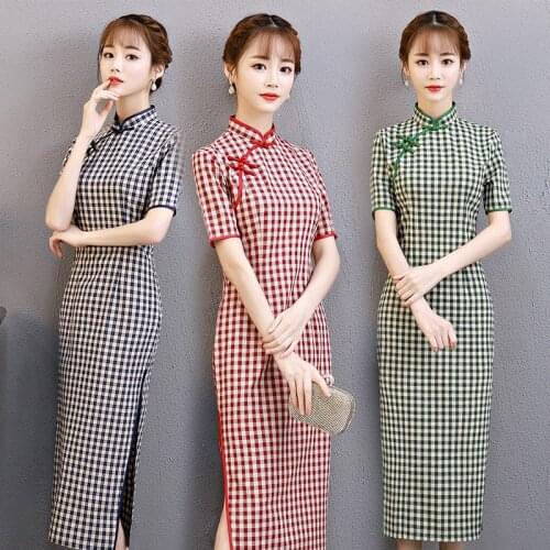 2020 New Cotton Checked Cheongsam Long Style Slim Literary And Ethnic Style Improved Fair Lady Temperament Chinese Dress Qipao