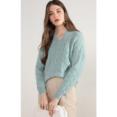 V Neck Long Sleeve Winter Warm Pullovers Oversized Female Fashion Knitwear Luxury 100% Cashmere Sweaters Women Knitted Top