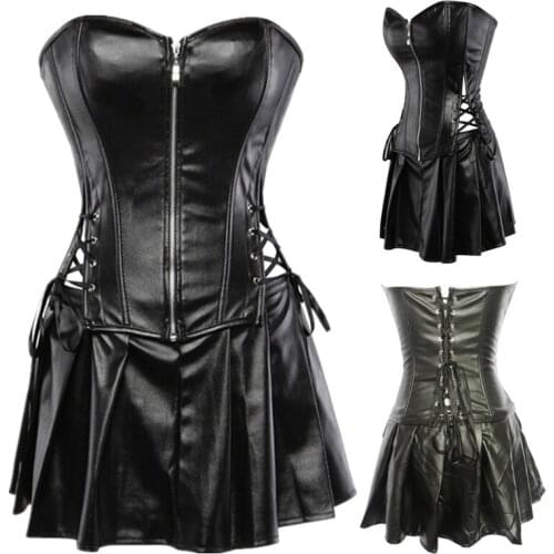 Plus Size S-6XL Hot Gothic Black Faux Leather Corset With Skirt Women Sexy Strapless Steampunk Overbust Corsets Dress