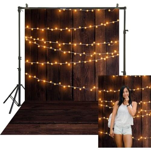 String Lights On Rustic Wood Plank Photography BackDrop Polyester Traditional Studio Back Drops Floor Portrait Booth Background