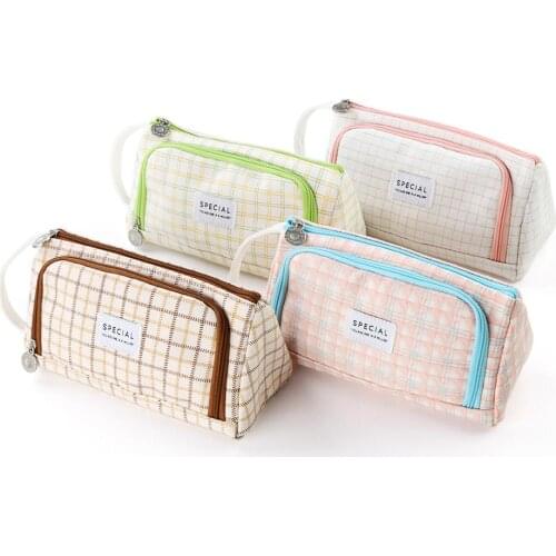 Student Simple Lattice Large Capacity Box Excellent Cotton Hemp Oxford and Canvas Canvas Pen Stationery Bag Case Package