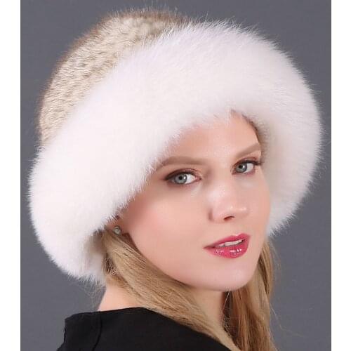 Russian Winter Mink Cashmere Women Hat Fox Fur Bucket Beanie Skullie Lady Fashion Wool Knitting Headwear Warm Cotton Cap