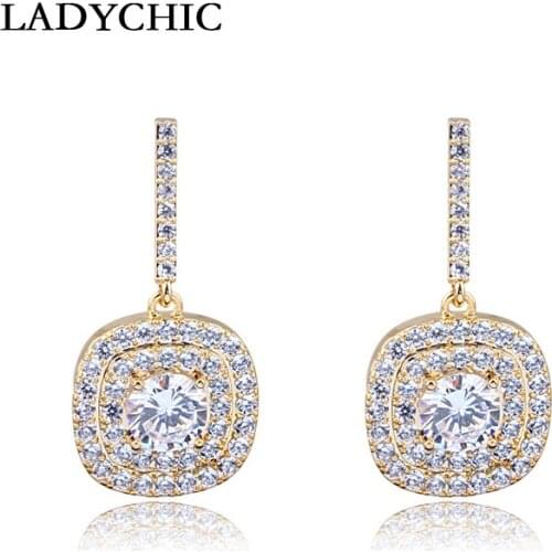 LADYCHIC Luxury Two Layers Zircon Drop Earrings S925 Silver Needle Gold Silver Color Female Wedding Party Dangle Earring LE1334