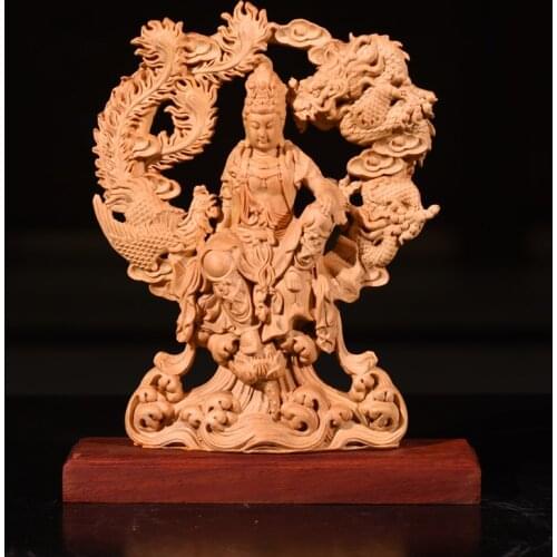 20CM Dragon Phoenix Goddess of Mercy Guanyin buddha statue Wood Double Sided Hollow handmade Home decor Gift boat decoration