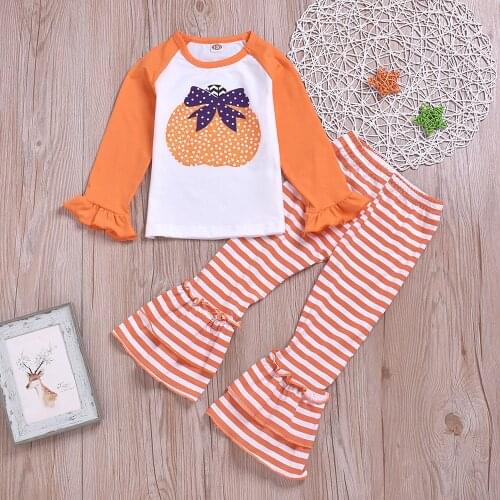 Baby Meisjes Kinderen Ruches Boutique Streep Bloemen Broek Sets Outfits Romper Peuter Kids Kleding Halloween Pumpkin Costume